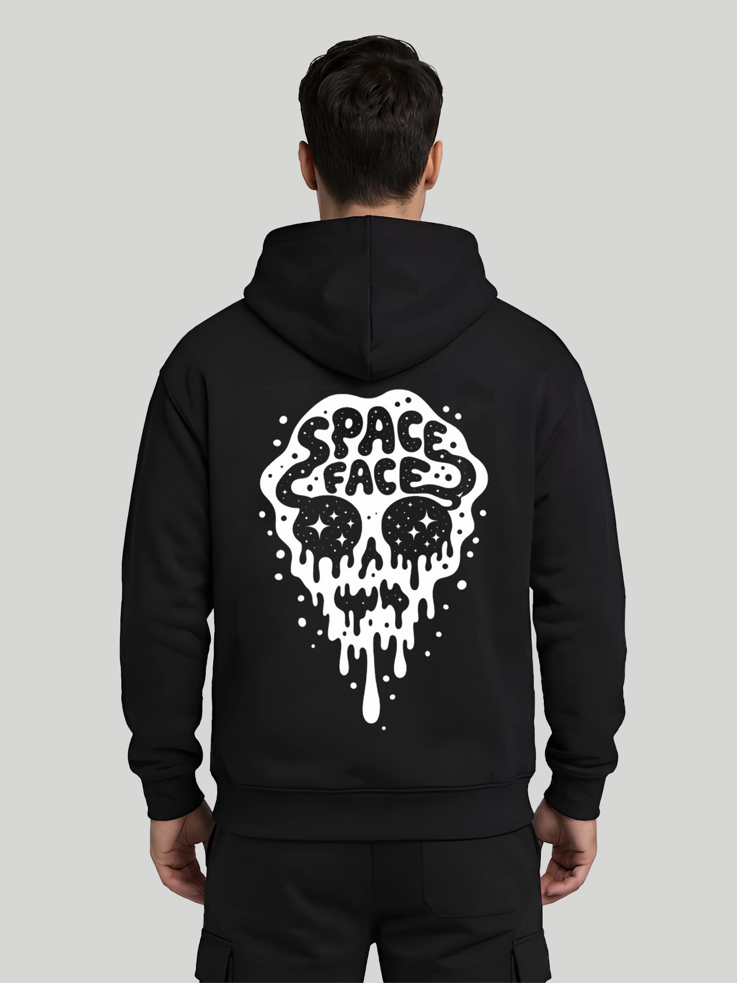 Space Face black graphic hoodie for men back view with bold skull print design