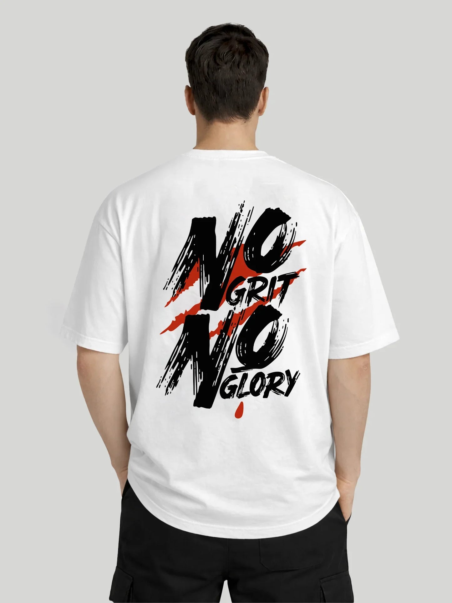 No Grit No Glory white oversized t-shirt for men back view casual relaxed fit graphic tee
