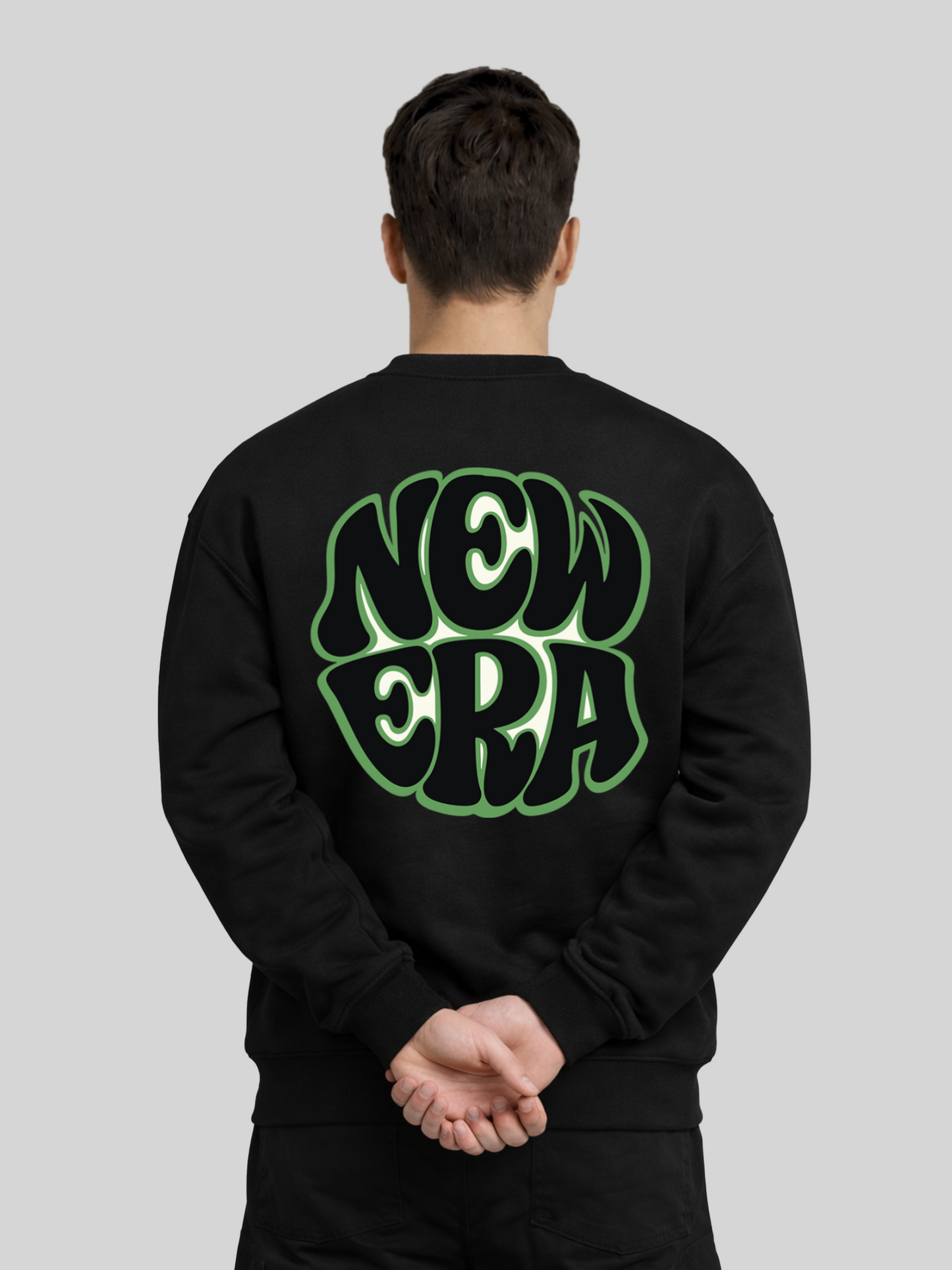 Men’s black crewneck sweatshirt with oversized NEW ERA back graphic, modern streetwear fleece sweatshirt