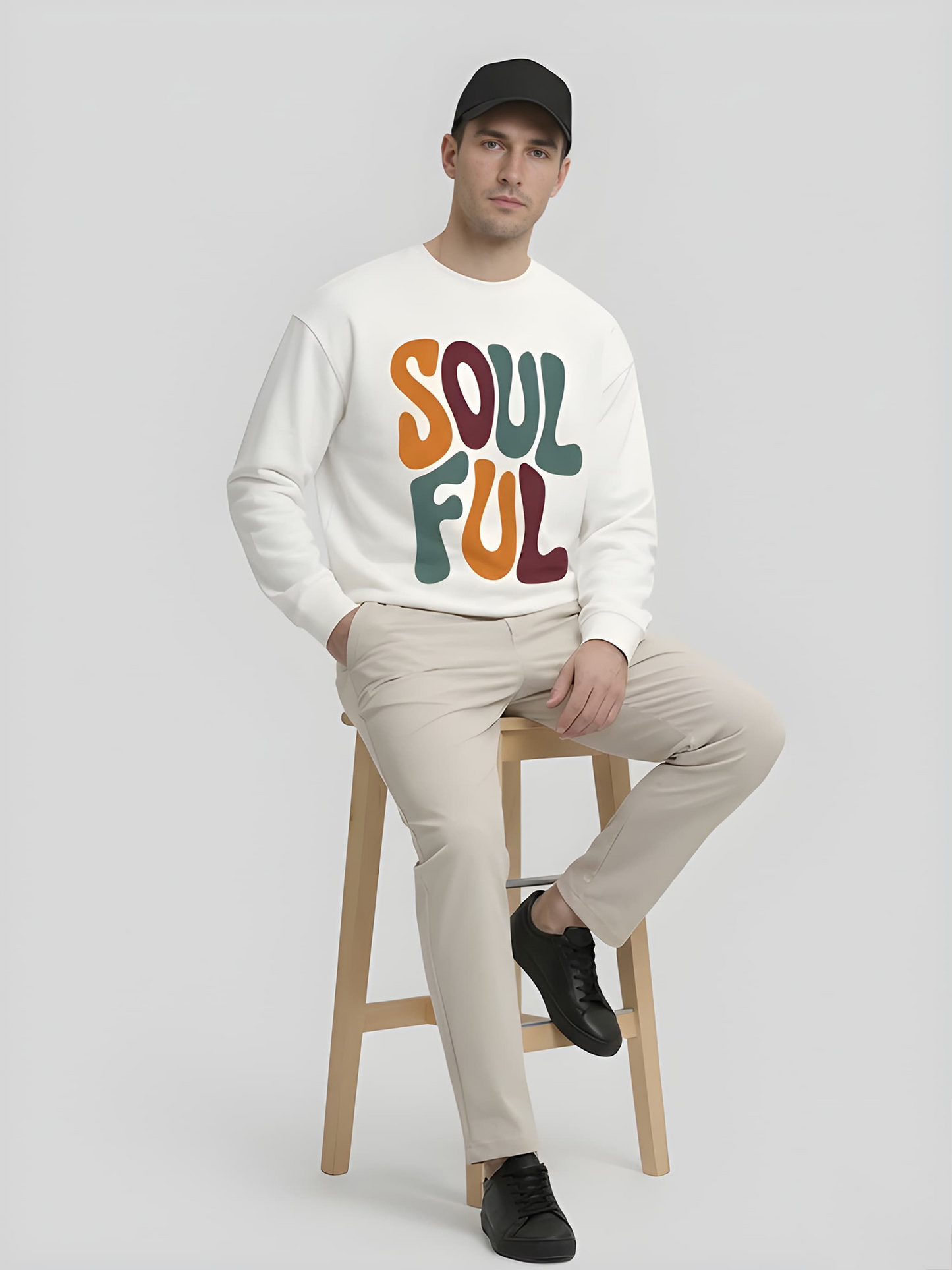Men’s white Soulful retro graphic sweatshirt, comfortable casual streetwear pullover with front print