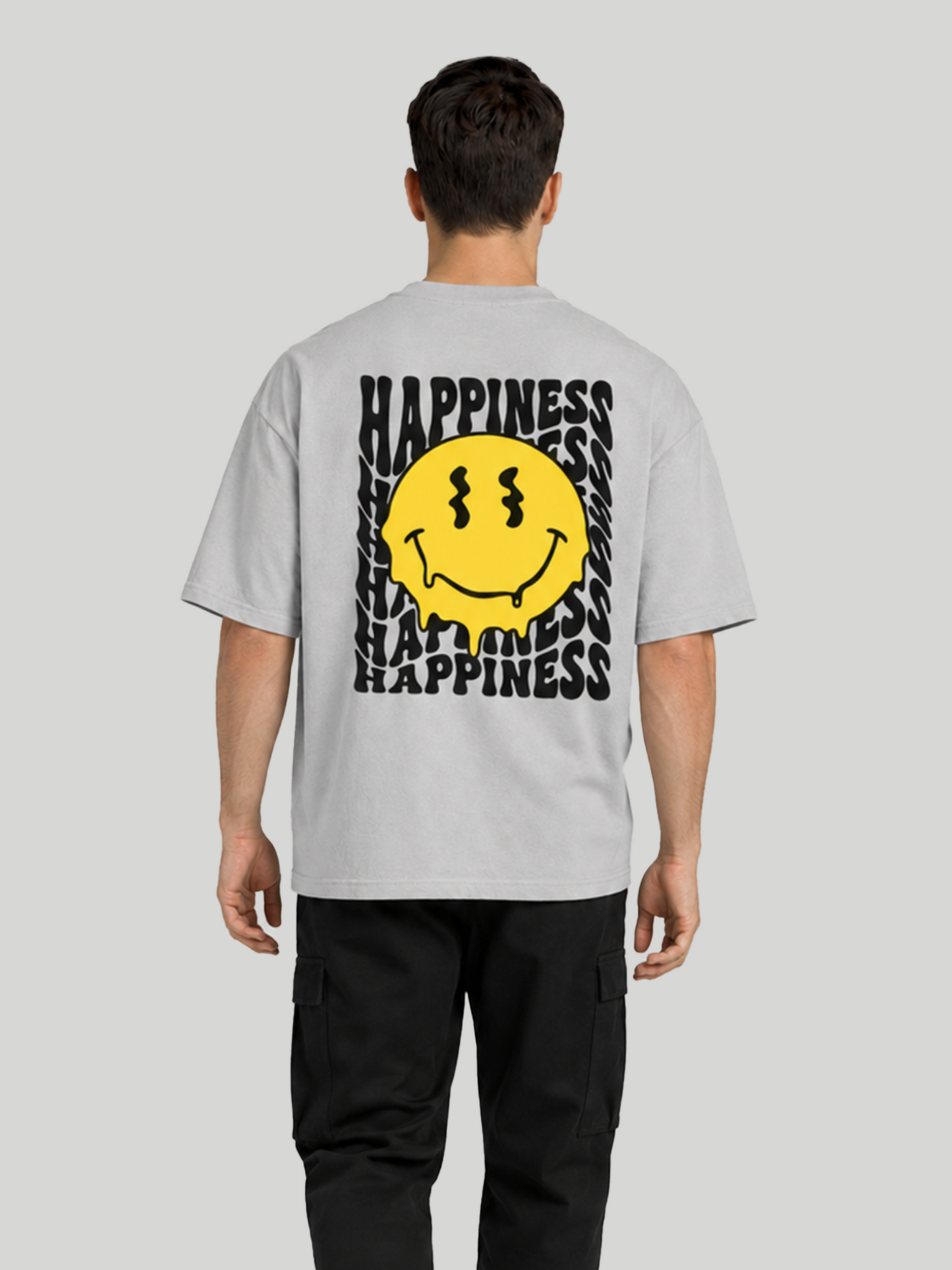 Ash Grey Happiness Smiley Graphic Oversized T-Shirt Full Back View