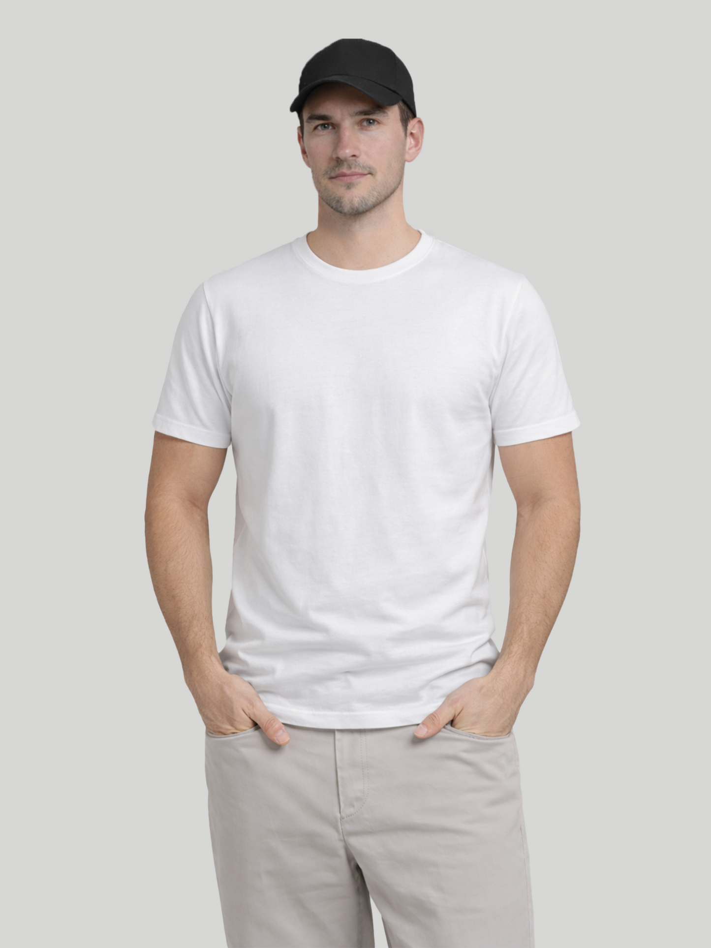 Men wearing White regular fit crew neck t-shirt front view with black cap