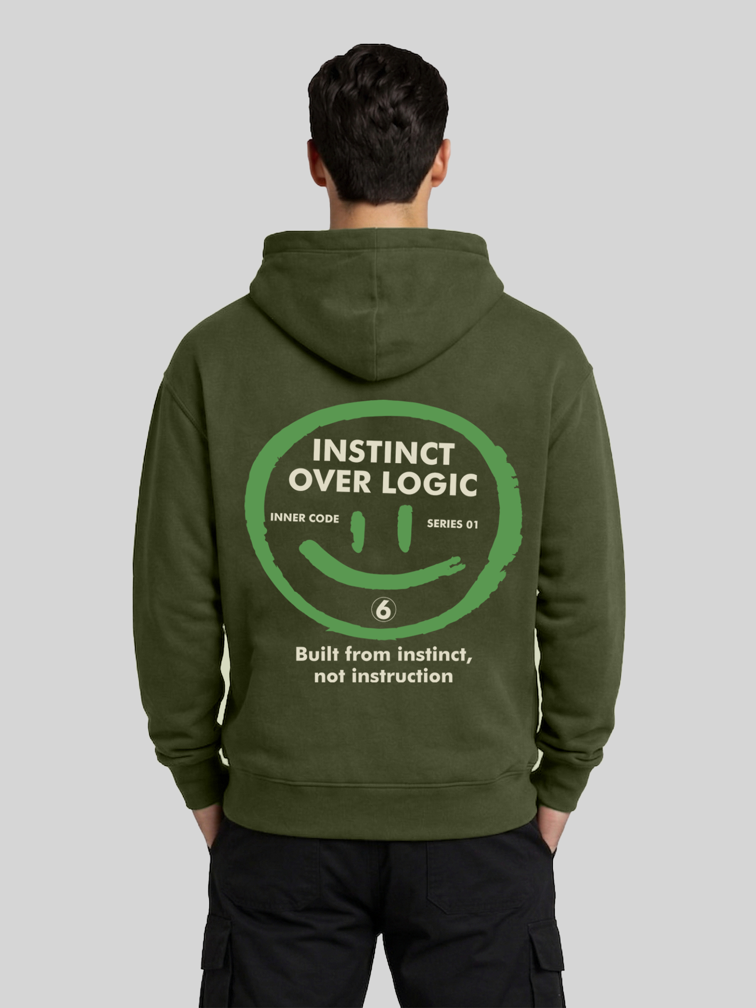 Instinct Over Logic military green graphic hoodie for men back view with bold back print
