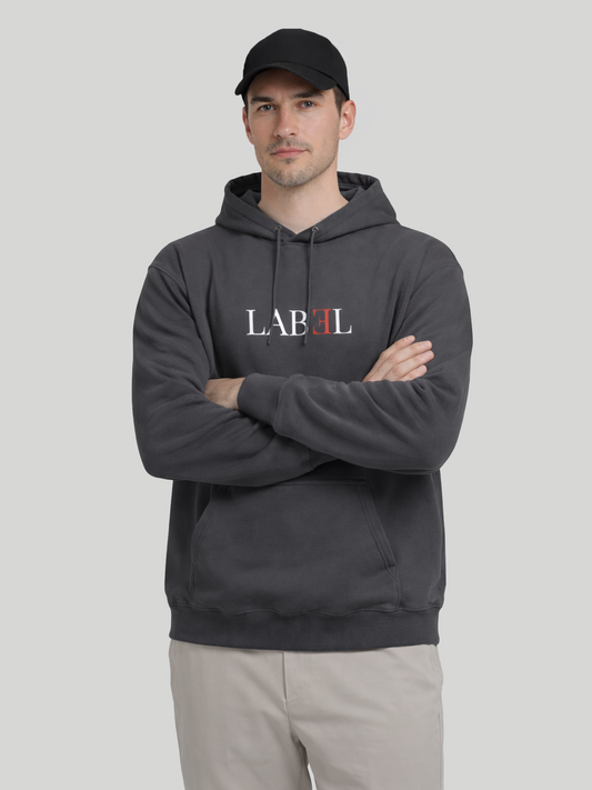 LABEL charcoal hoodie for men front view with crossed arms and minimal print
