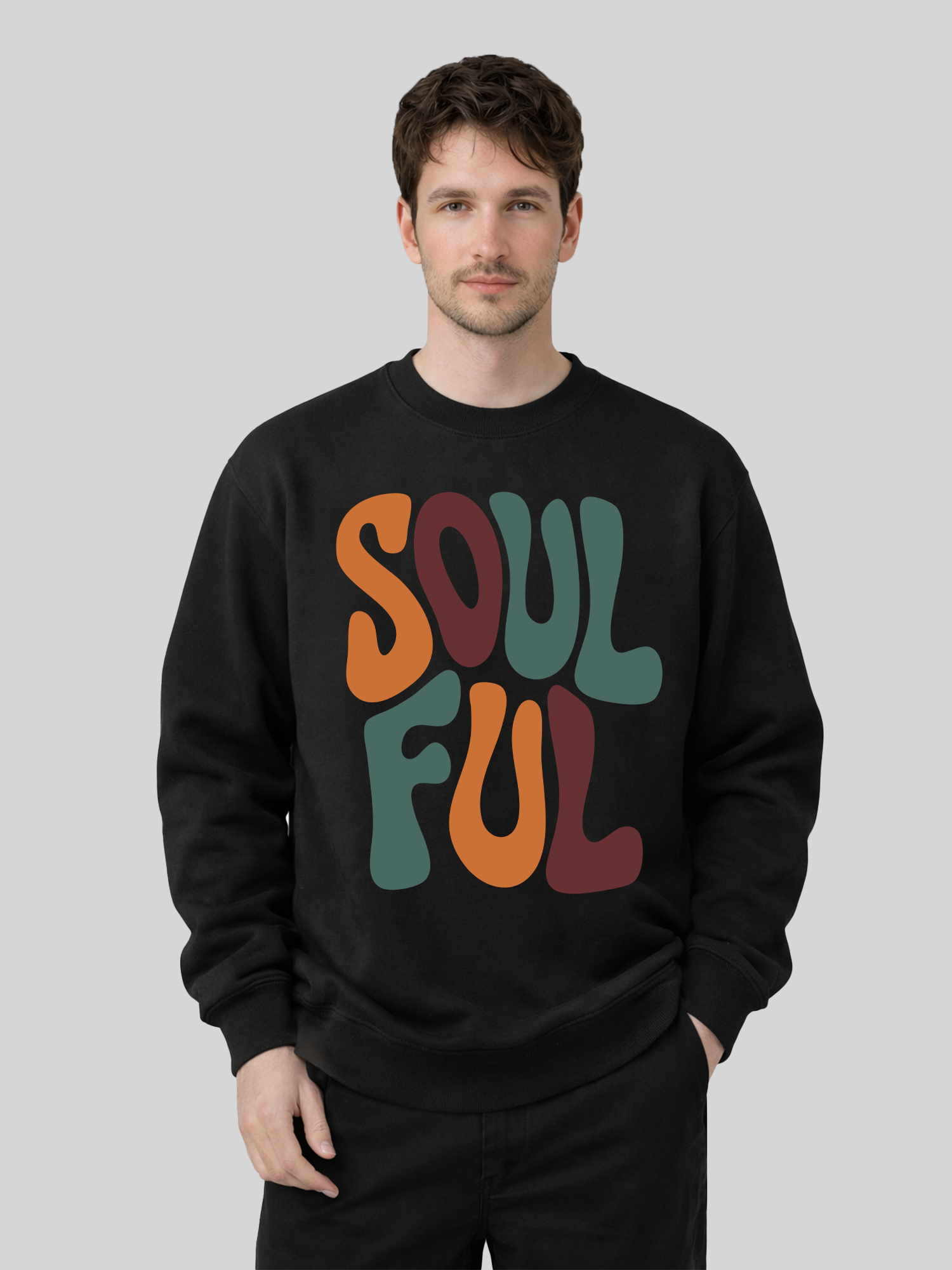 Black Soulful graphic sweatshirt for men with bold retro typography print, premium casual crewneck