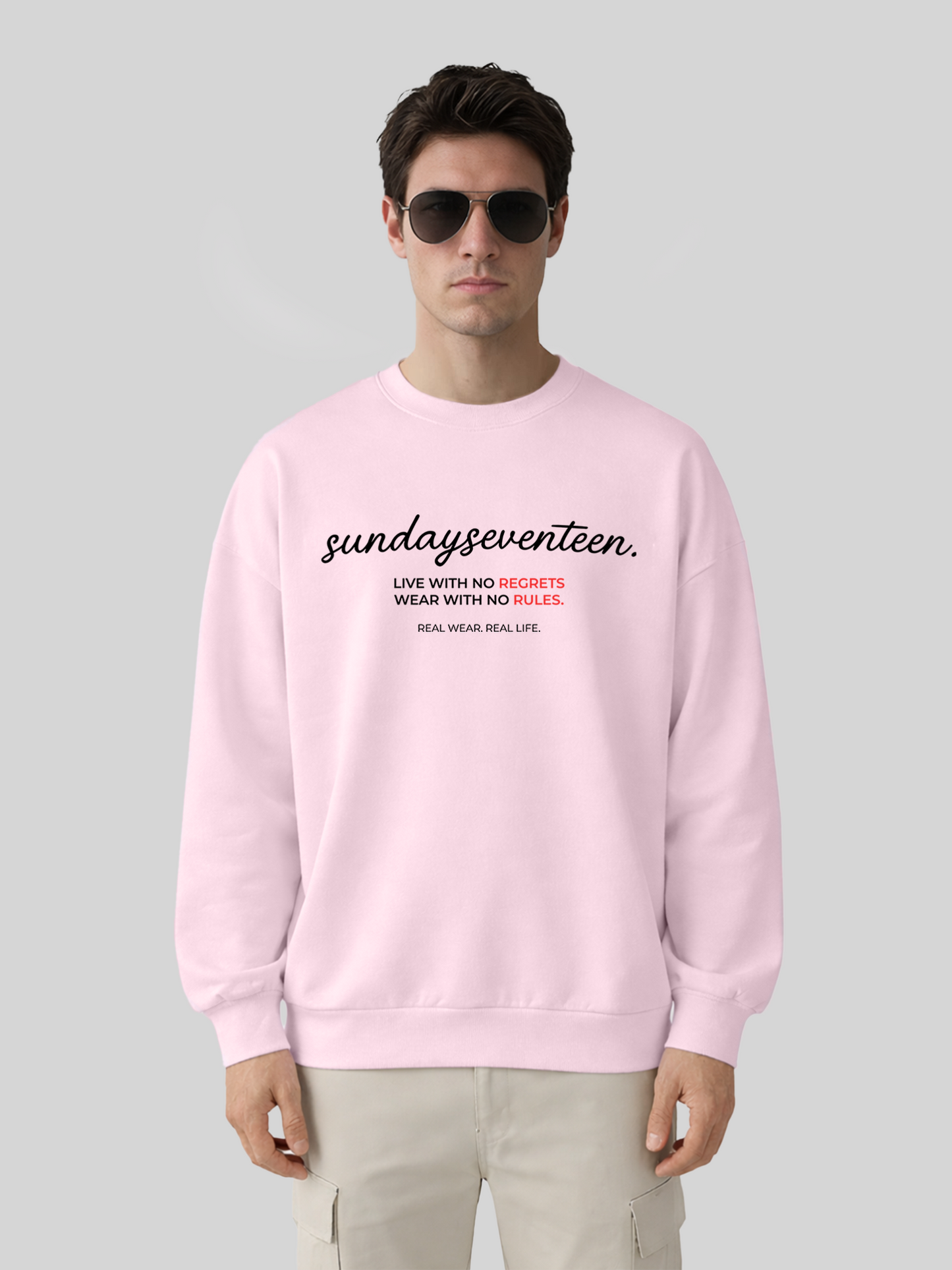 Men’s oversized orchid crewneck sweatshirt with Sundayseventeen front print relaxed fit