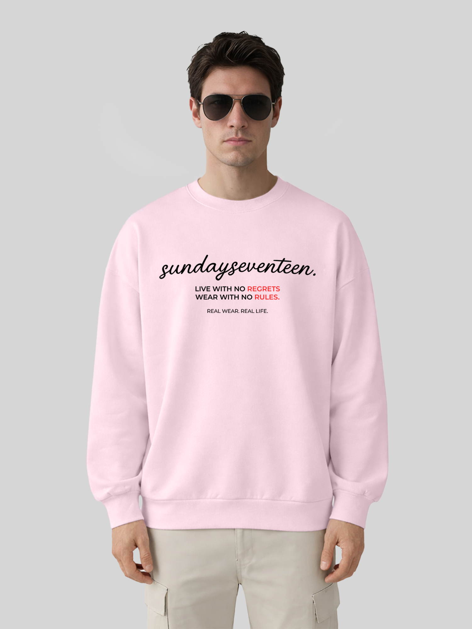 Men’s oversized orchid crewneck sweatshirt with Sundayseventeen front print relaxed fit