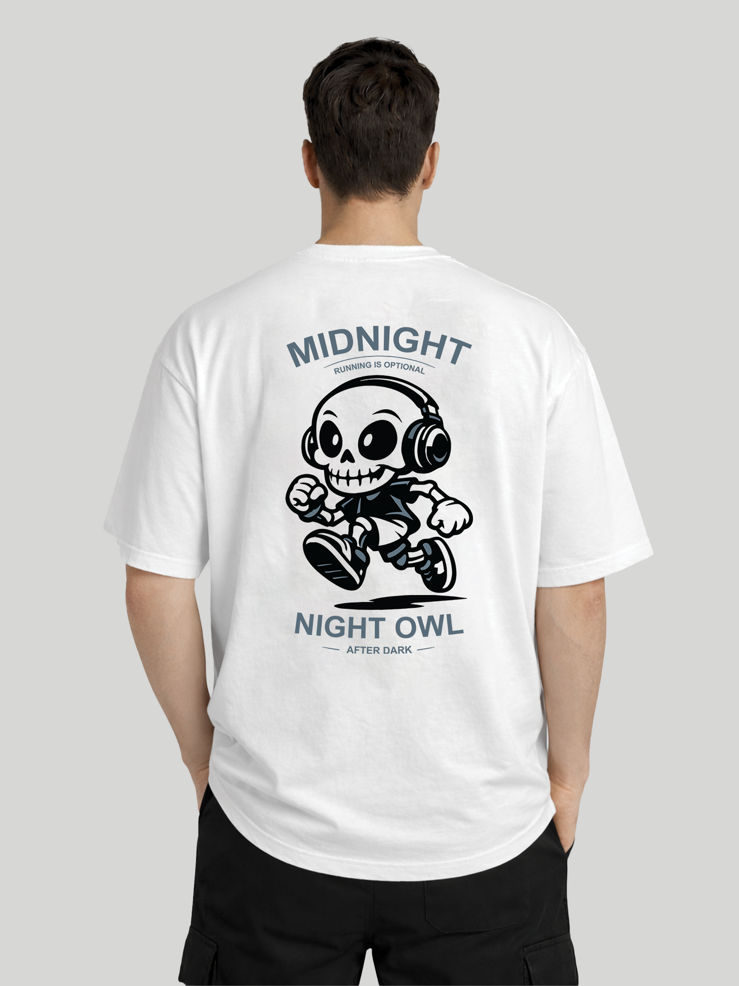 Midnight Night Owl white oversized t-shirt for men back view with night owl streetwear graphic design