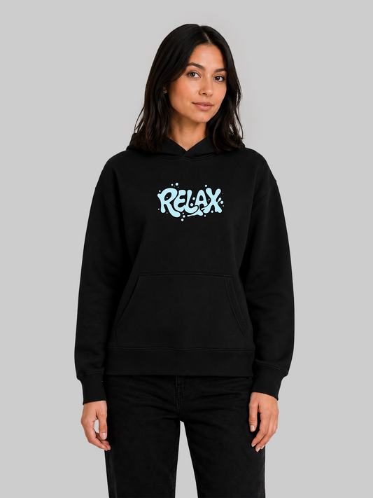 Black women's RELAX print hoodie side profile with relaxed casual fit