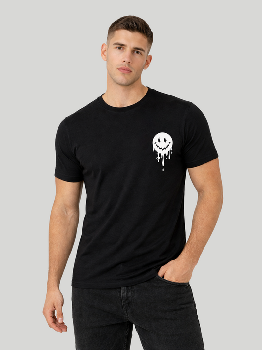Men’s Black regular fit smiley graphic printed crew neck t-shirt front view