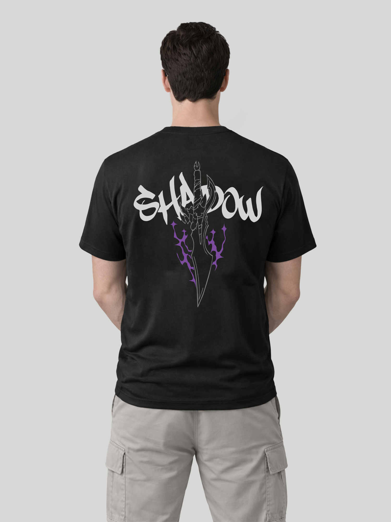 Men’s black Shadow back graphic t-shirt with dagger streetwear print back view