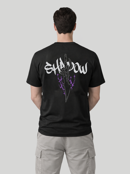 Men’s black Shadow back graphic t-shirt with dagger streetwear print back view