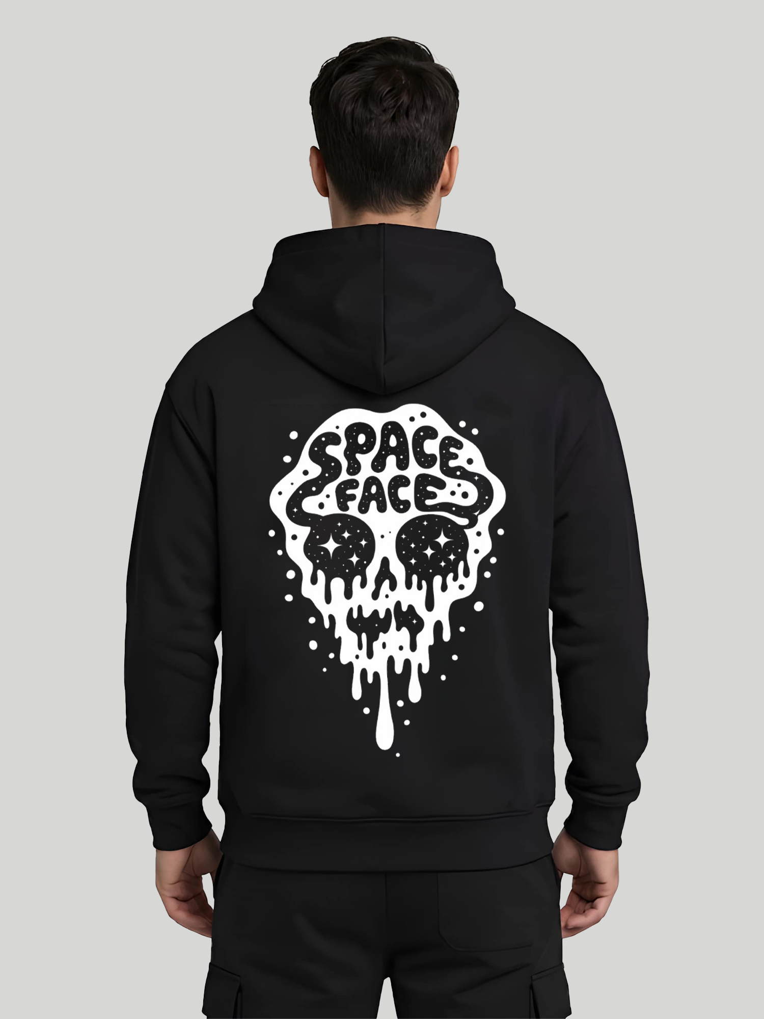 Space Face black graphic hoodie for men back view with bold skull print design