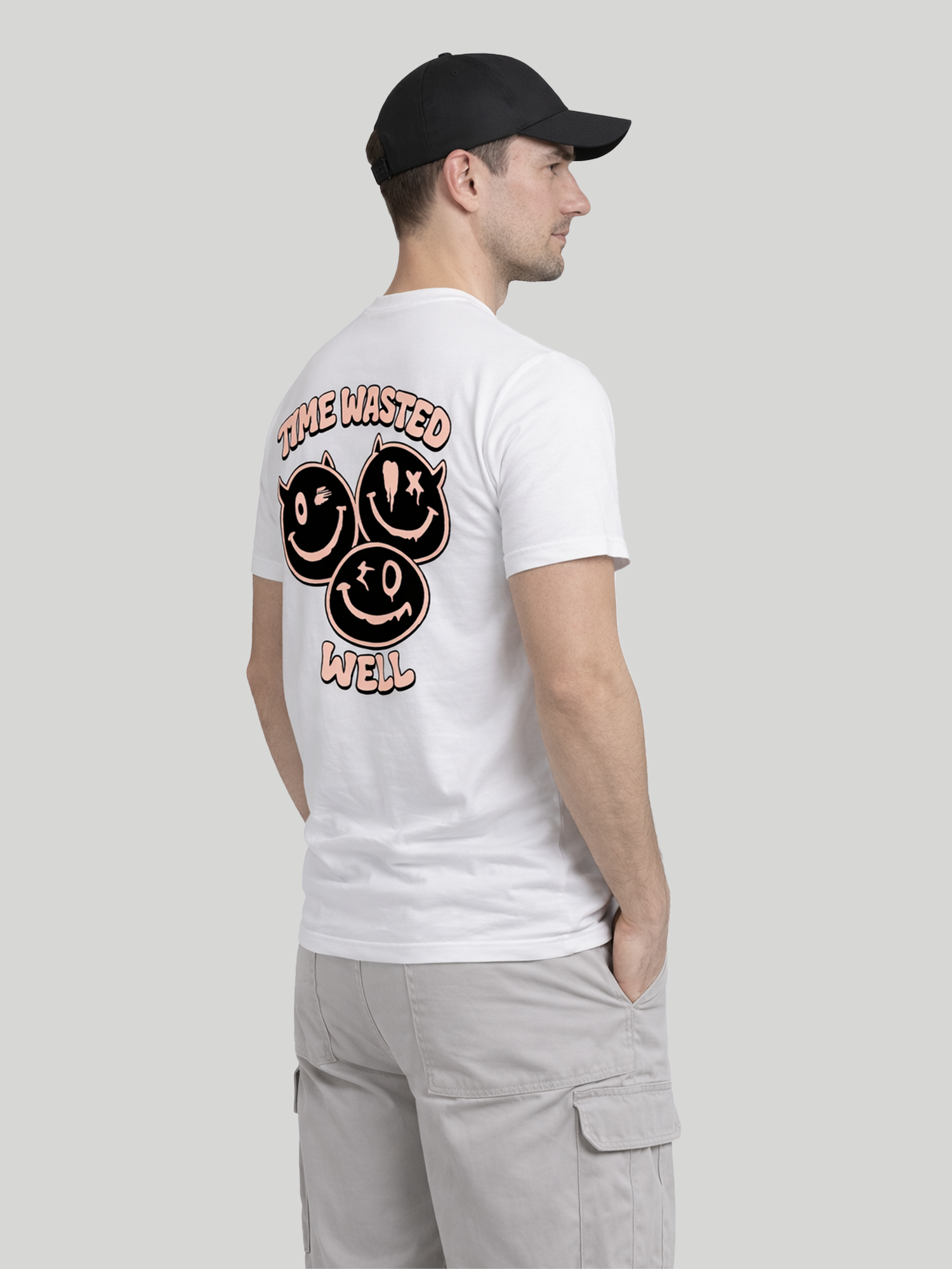 Men wearing White Time Wasted Well back print regular fit t-shirt side back view