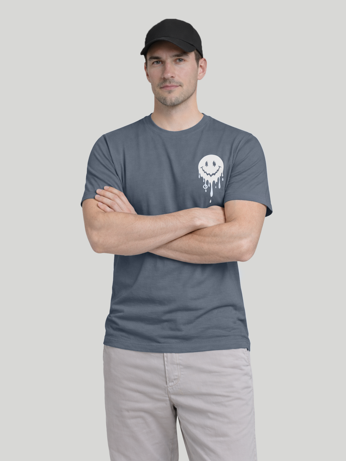 Men’s Blue Jean regular fit smiley graphic printed t-shirt front crossed arms pose