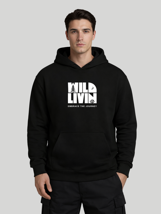 Wild Livin graphic black hoodie for men front view with bold chest print and kangaroo pocket
