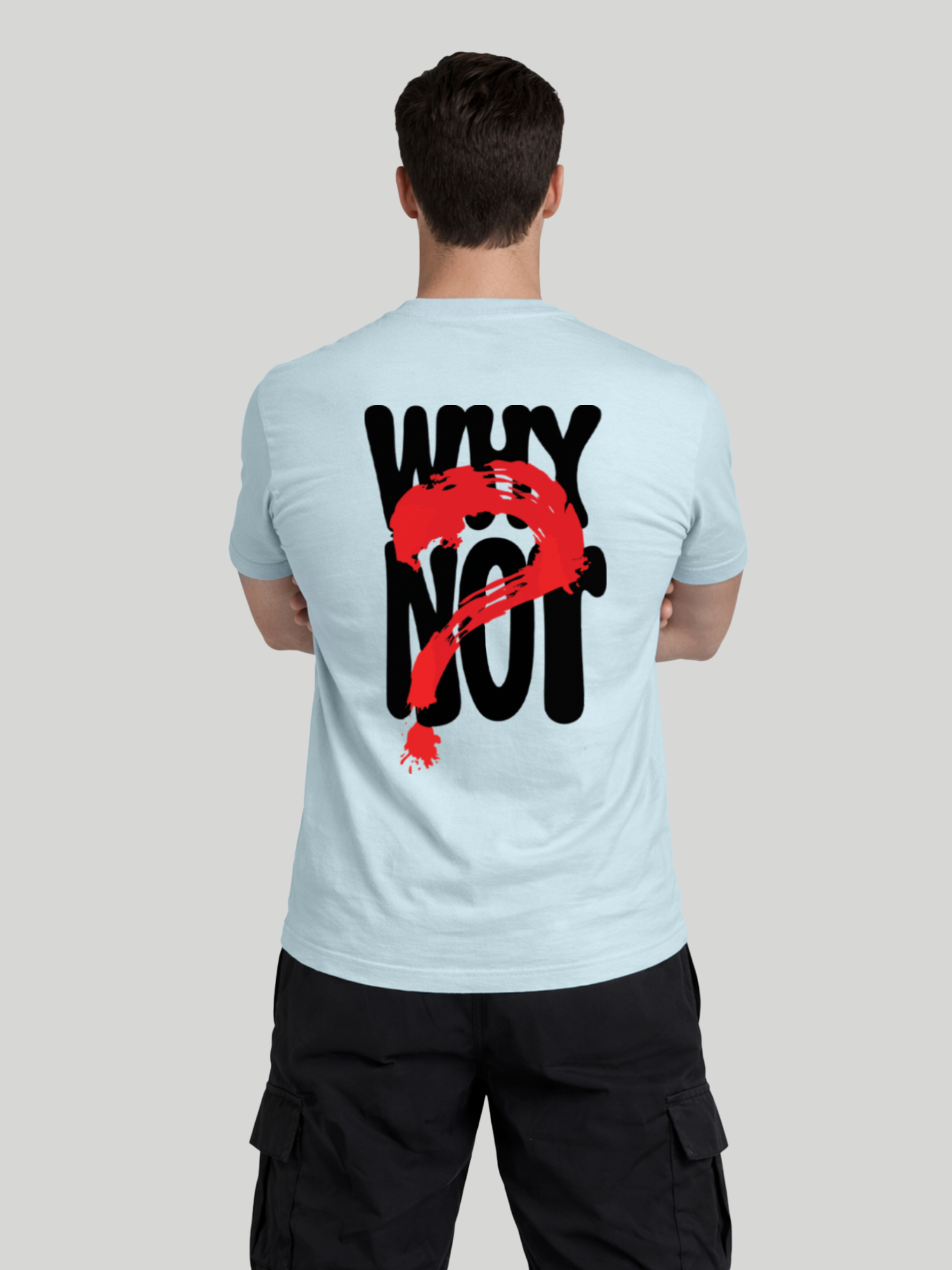 Men’s chambray Why Not back graphic t-shirt with bold statement print rear view
