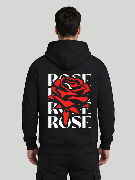 Red Rose black graphic hoodie for men back view with bold red rose print