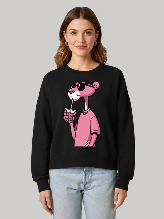 Ninthclause black sweatshirt with pink panther graphic for women in streetwear style
