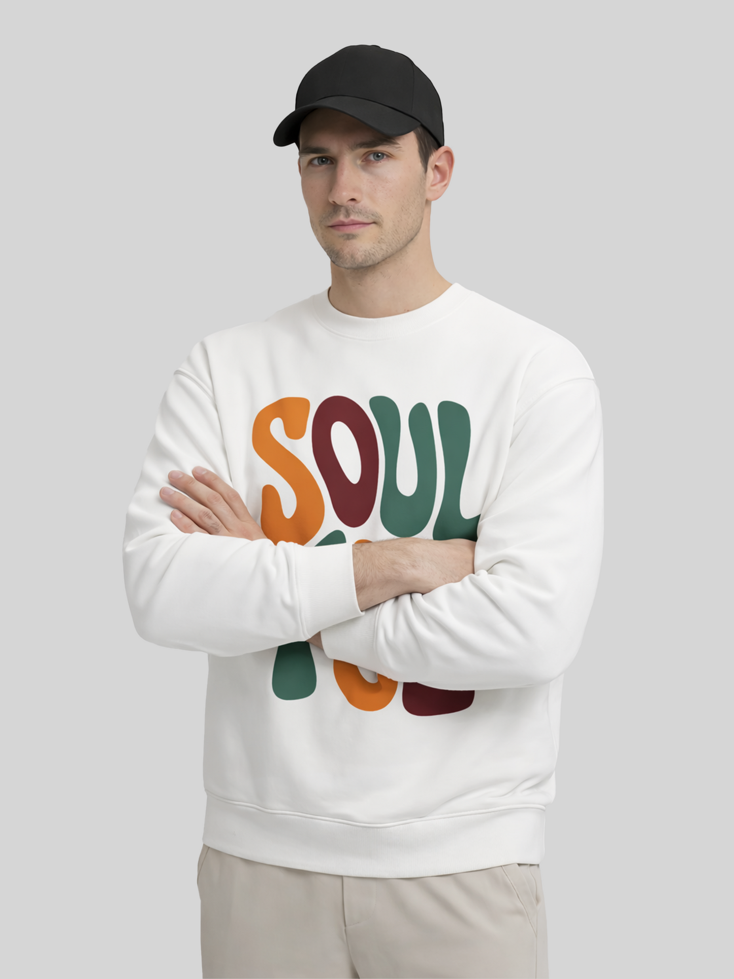 Men’s white Soulful graphic sweatshirt with retro colorful front print, casual oversized streetwear crewneck