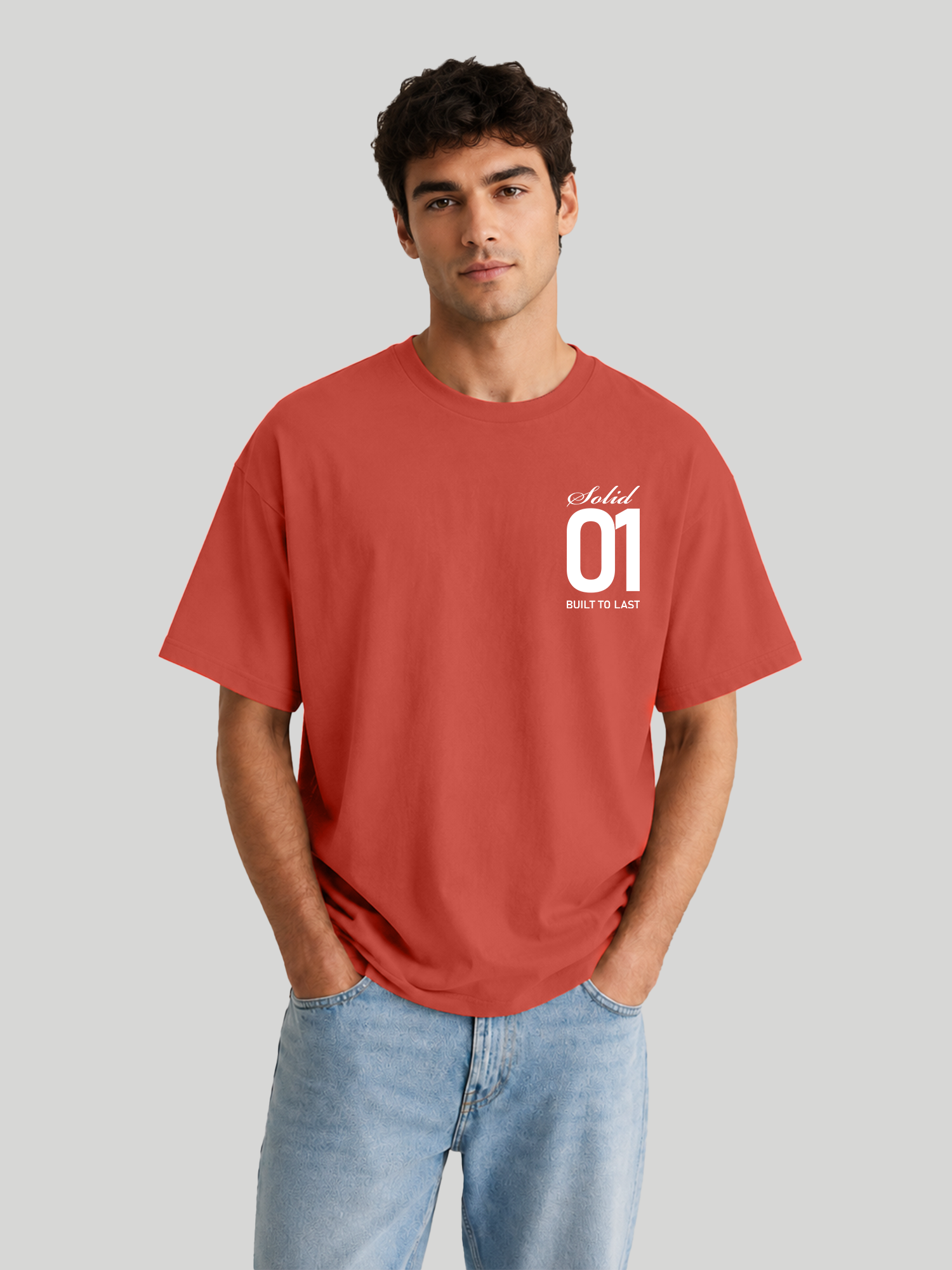 Men's Brick Red Oversized T-Shirt Front View – Solid 01 Graphic Cotton Tee