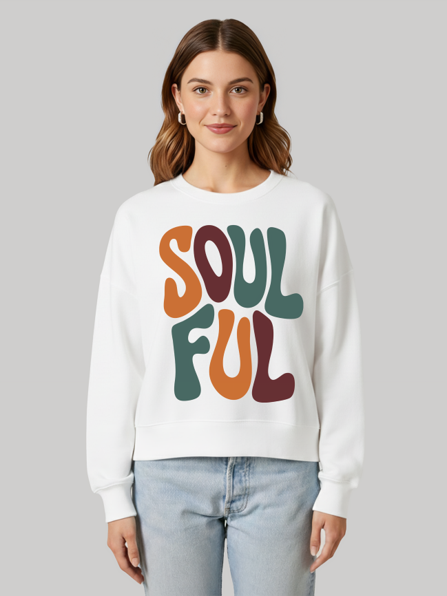 Front view of Ninthclause Soulful white oversized sweatshirt with colorful graphic print