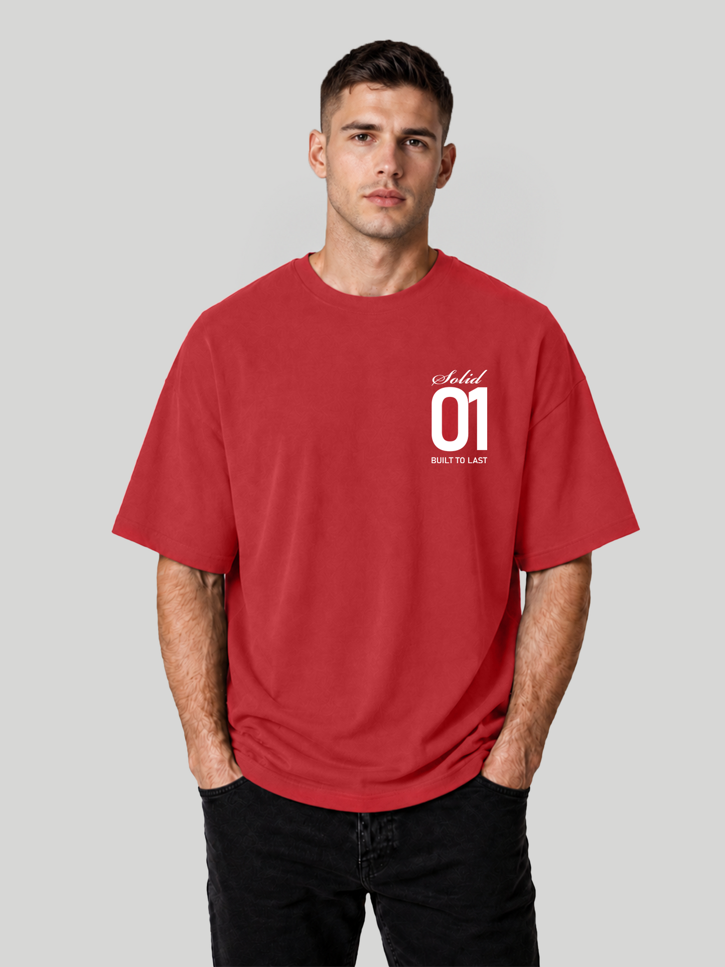 Men's Red Oversized T-Shirt Front View – Solid 01 Graphic Streetwear Tee