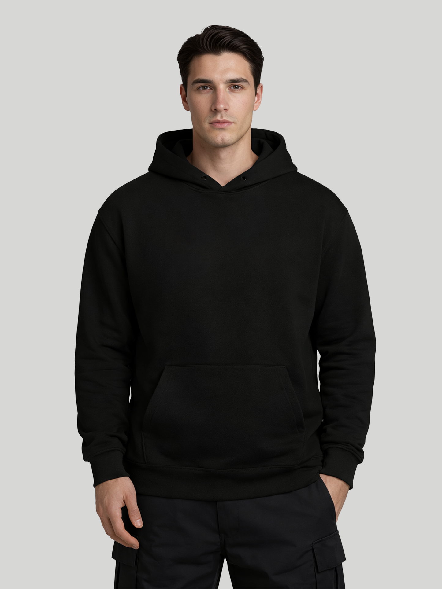 Instinct Over Logic black hoodie for men front view plain pullover hoodie with kangaroo pocket