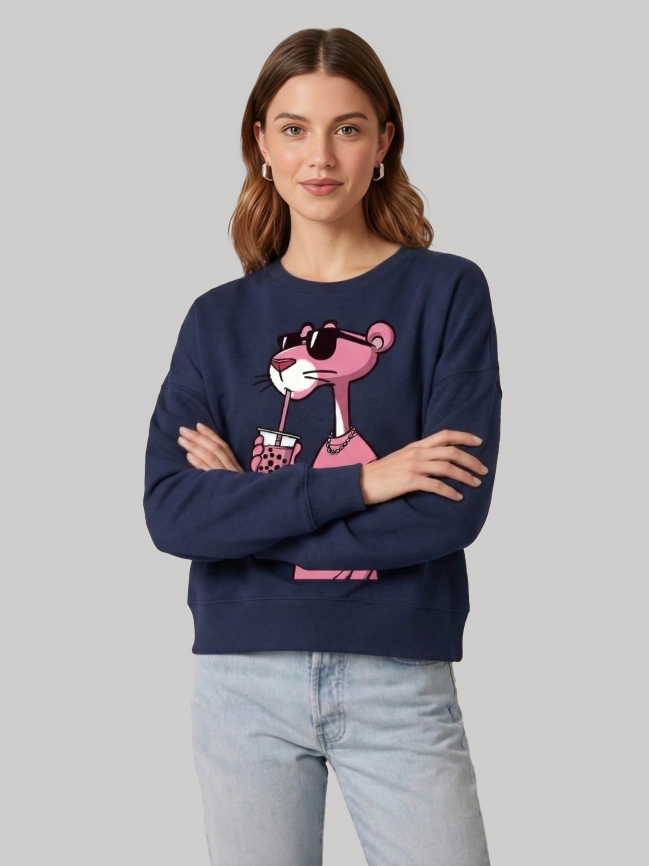 Ninthclause navy blue sweatshirt for women with pink panther graphic and casual fit