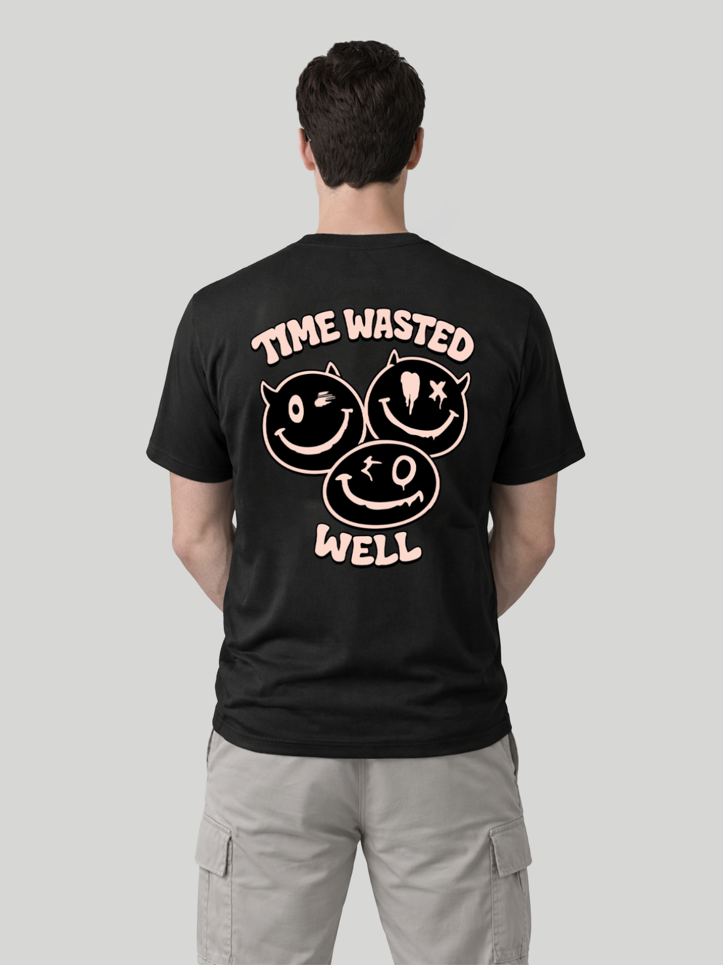 Men wearing Black Time Wasted Well back print regular fit t-shirt rear view