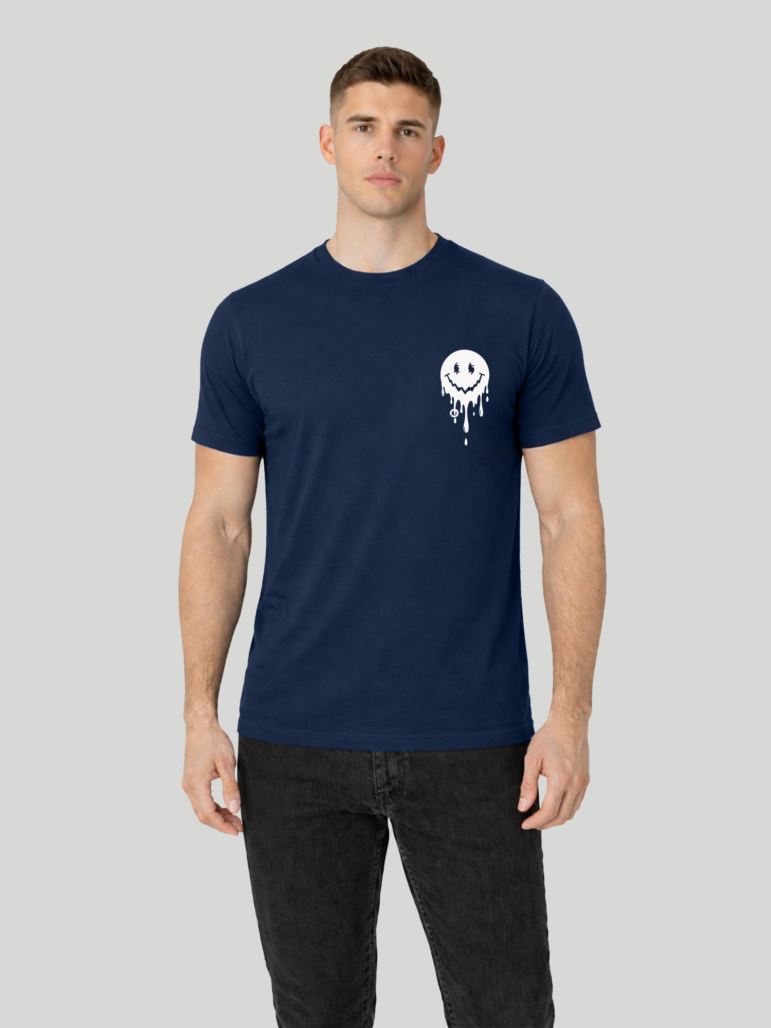 Men’s Navy Blue regular fit smiley graphic printed crew neck t-shirt front view