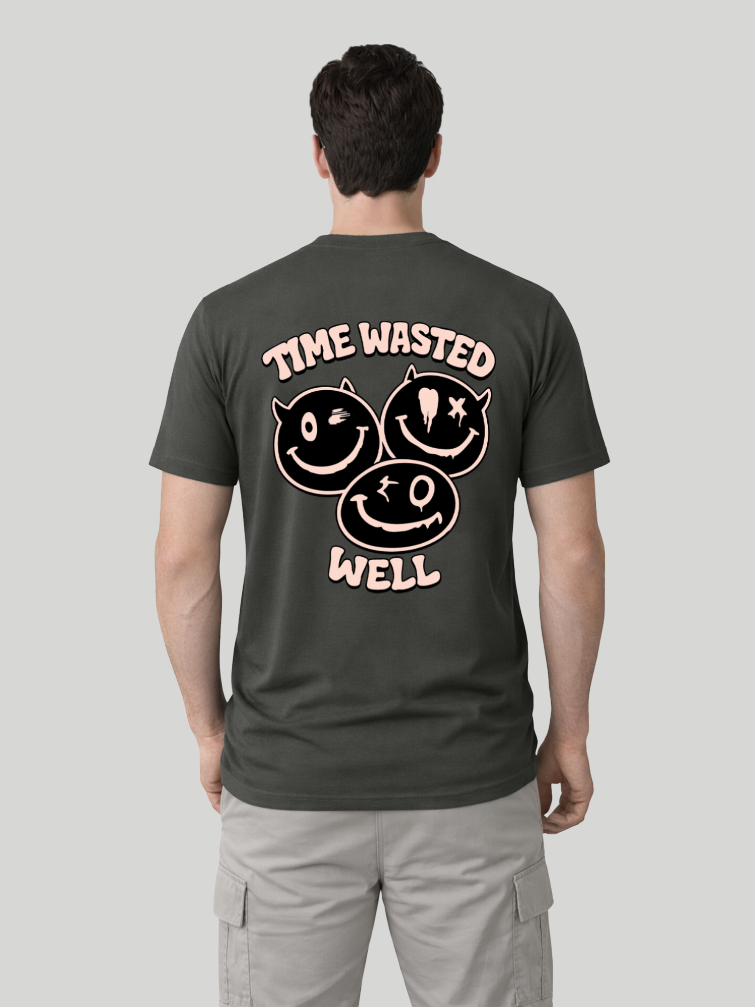 Men wearing Pepper Time Wasted Well graphic printed regular fit t-shirt back view