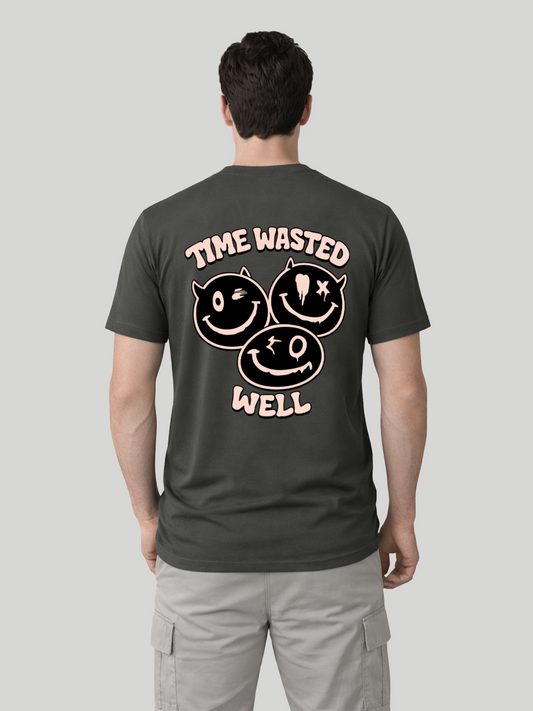 Men wearing Pepper Time Wasted Well graphic printed regular fit t-shirt back view