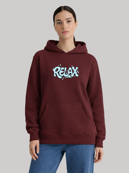 Women wearing maroon RELAX hoodie with relaxed casual fit