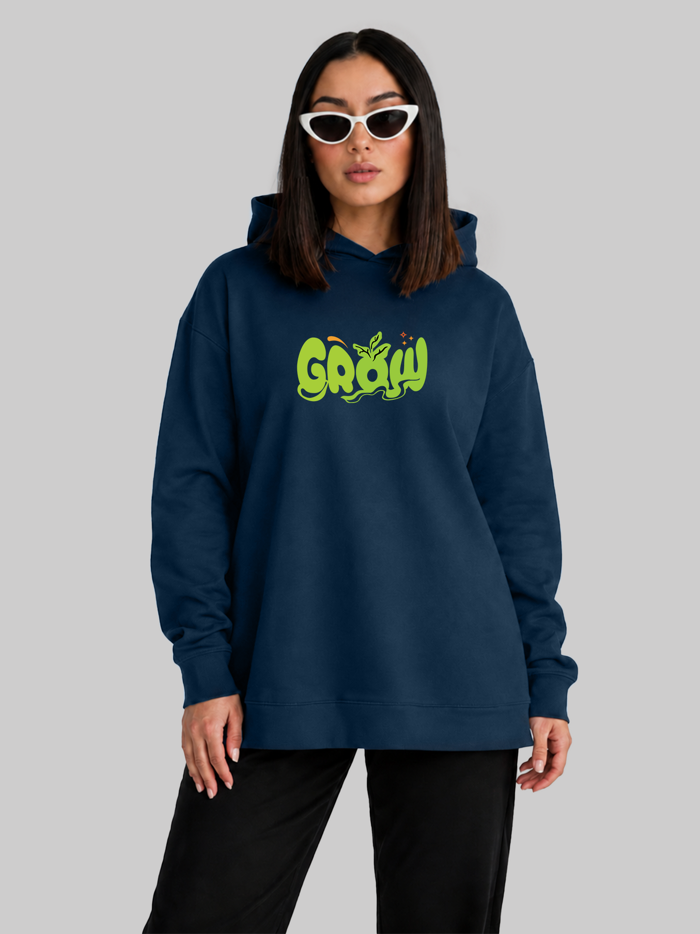 Navy Blue Grow Graphic Oversized Hoodie Front View
