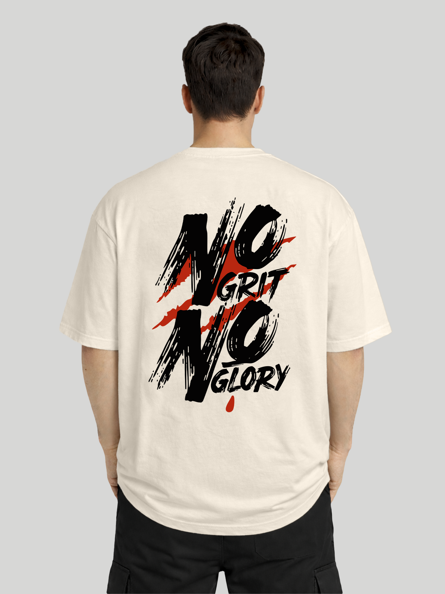 No Grit No Glory ecru oversized t-shirt for men clean back view with streetwear graphic design