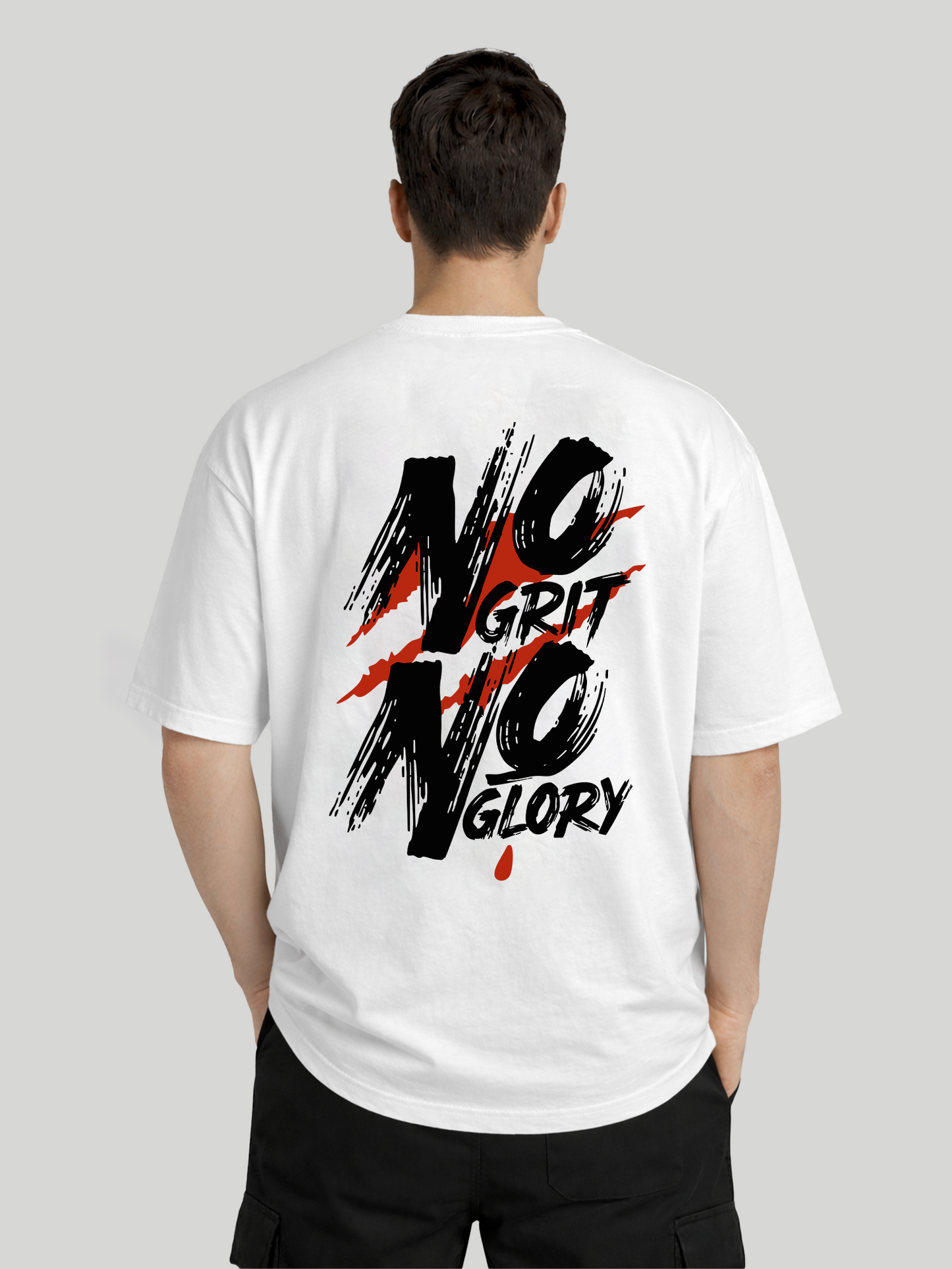 No Grit No Glory white oversized t-shirt for men back view casual relaxed fit graphic tee