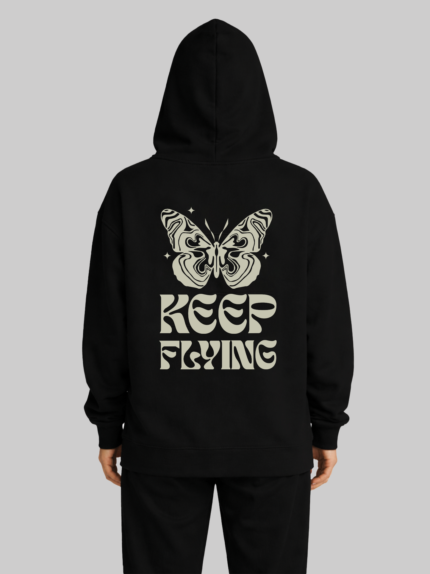 Black hoodie for women with butterfly Keep Flying print on the back