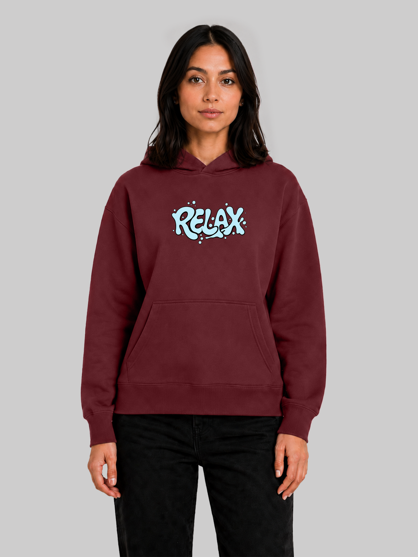 Maroon women's RELAX graphic hoodie with oversized fit and kangaroo pocket front view