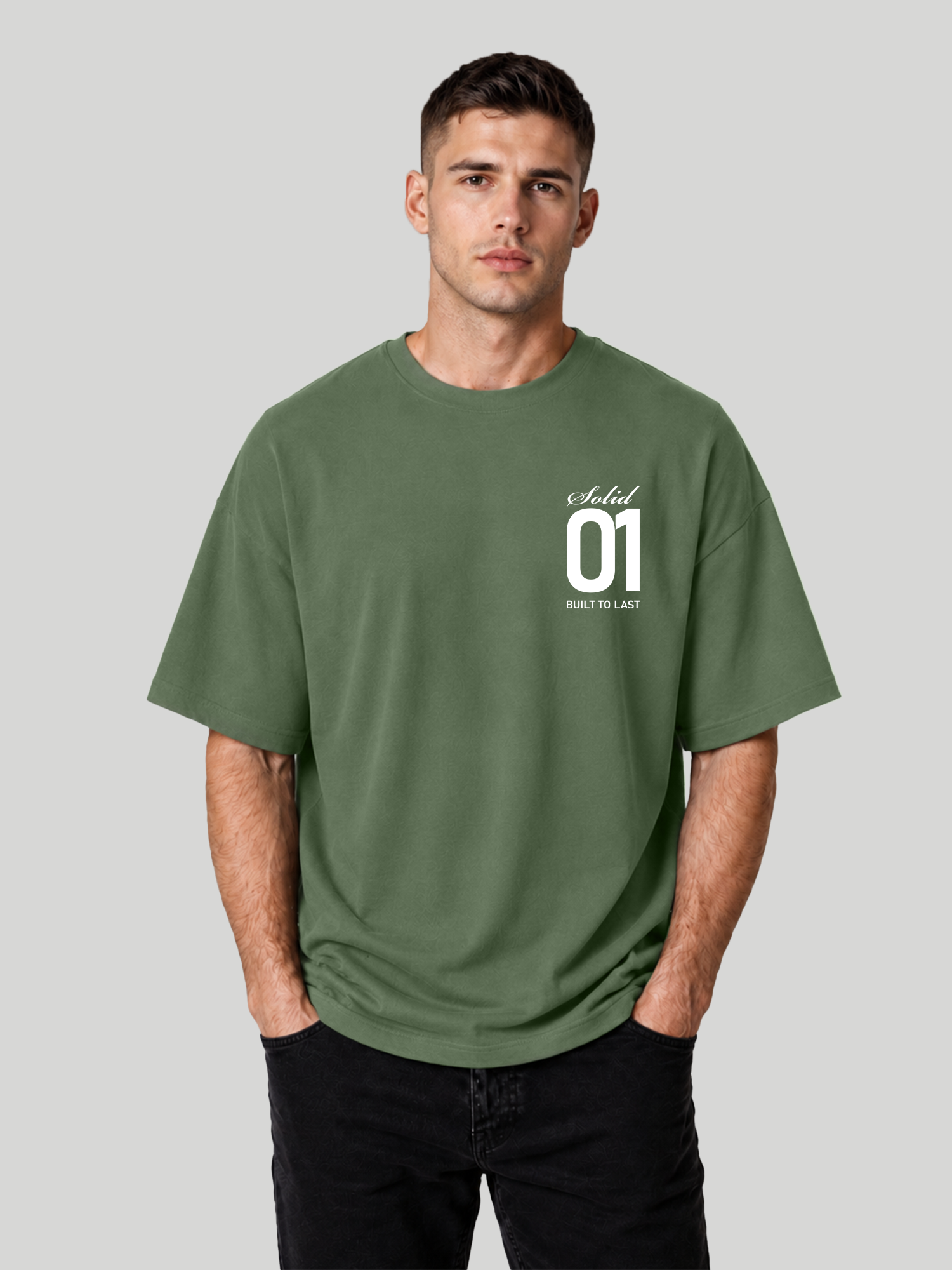 Men's Forest Green Oversized T-Shirt Front View – Solid 01 Graphic Cotton Tee