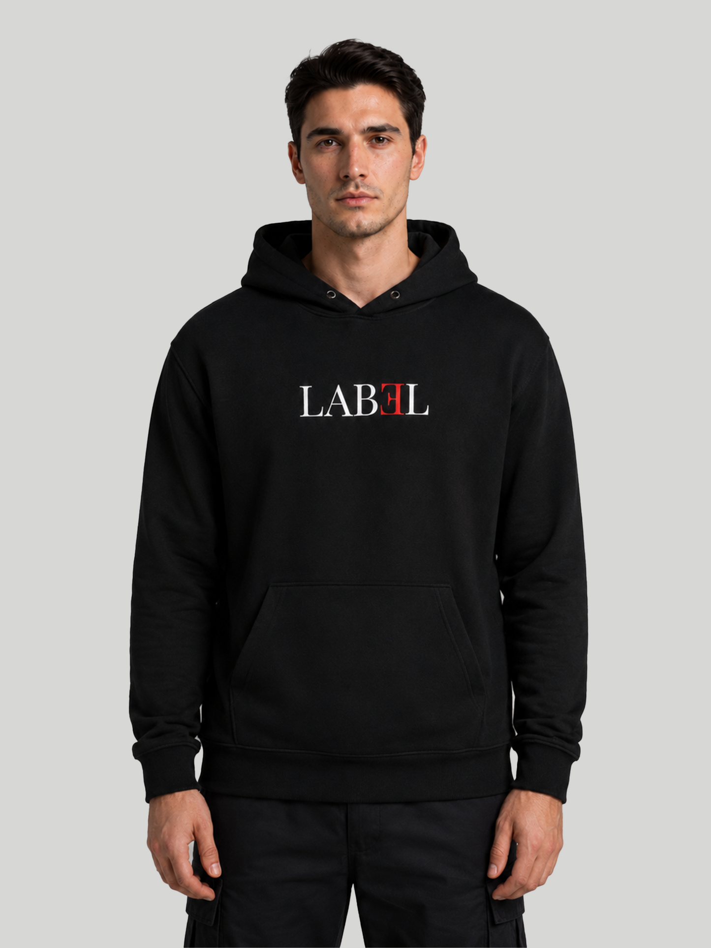 Men's LABEL black graphic hoodie with premium cotton fabric and kangaroo pocket front view