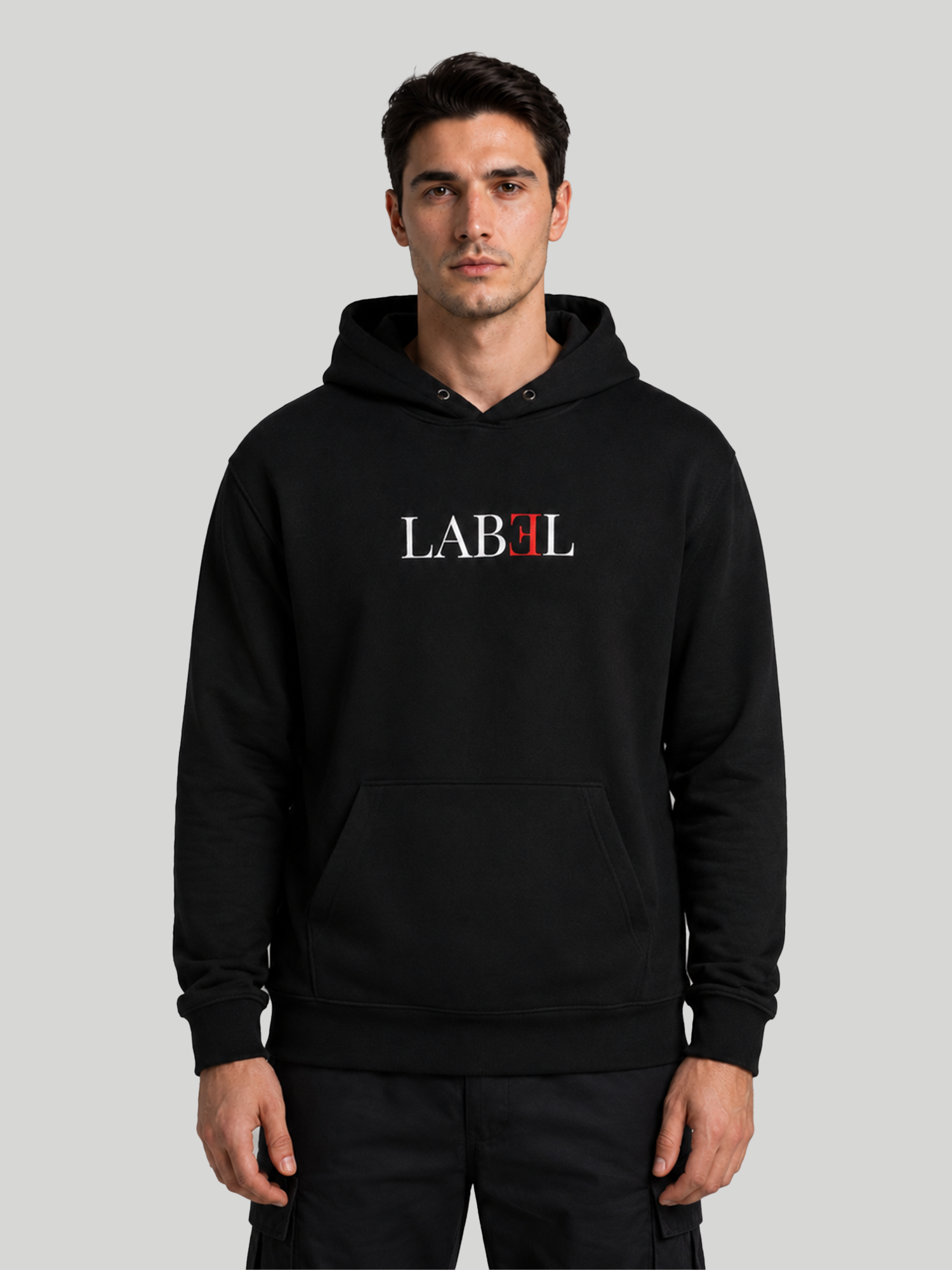 Men's LABEL black graphic hoodie with premium cotton fabric and kangaroo pocket front view