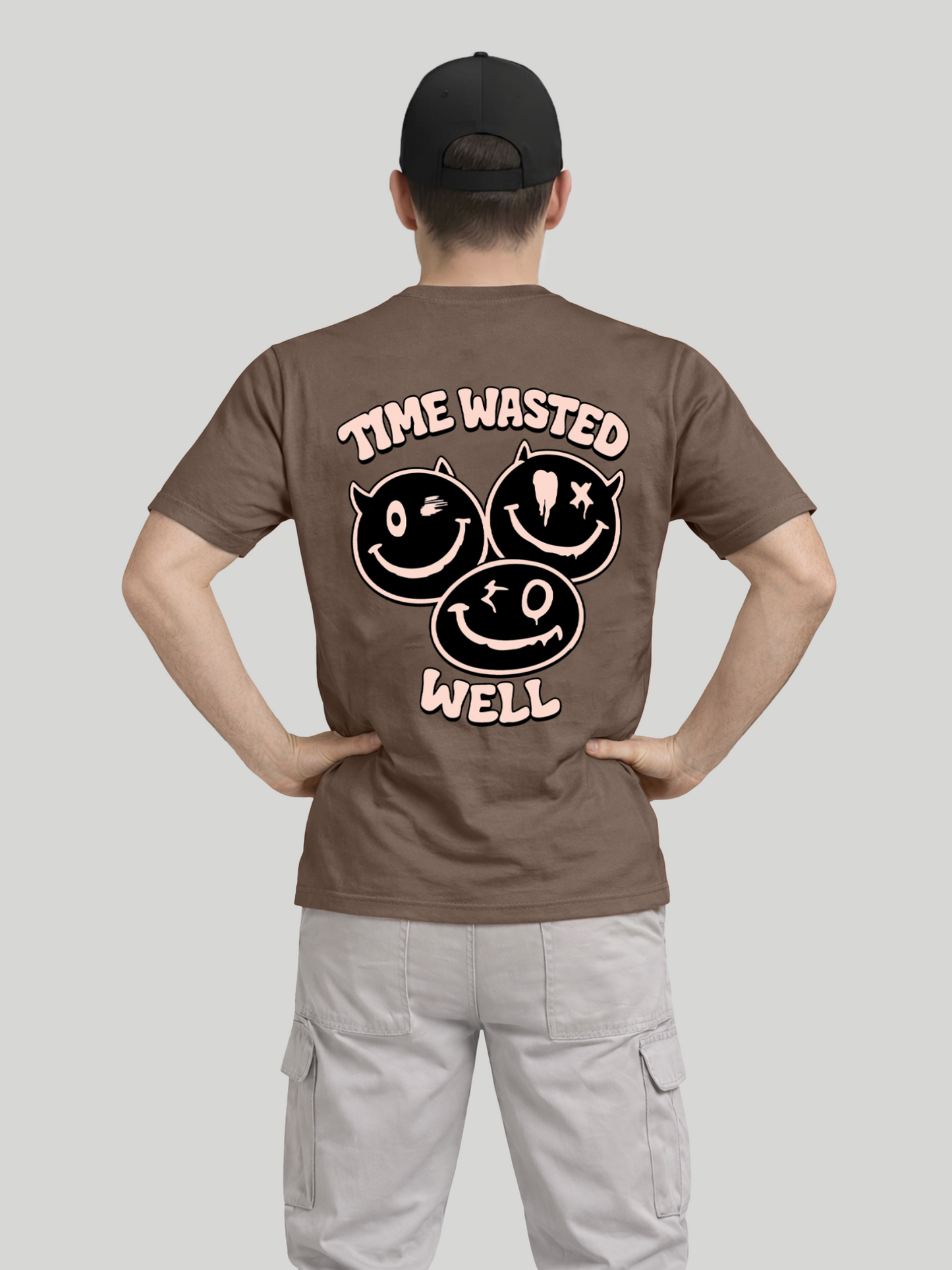 Men wearing Espresso Time Wasted Well back print regular fit t-shirt rear pose