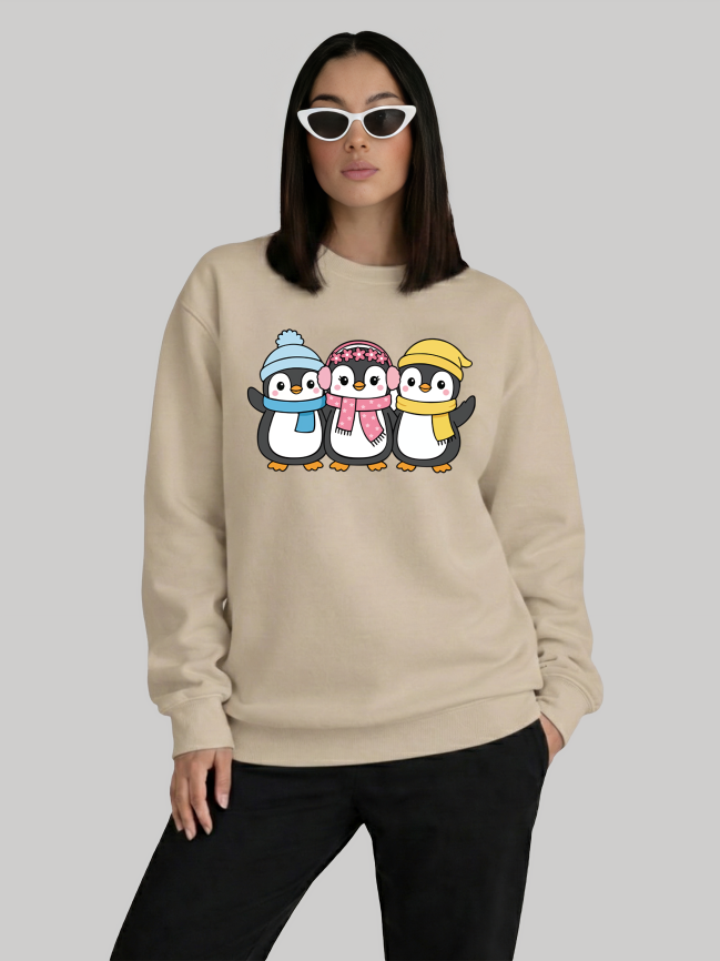 Ninthclause sand sweatshirt with cute penguin winter graphic for women