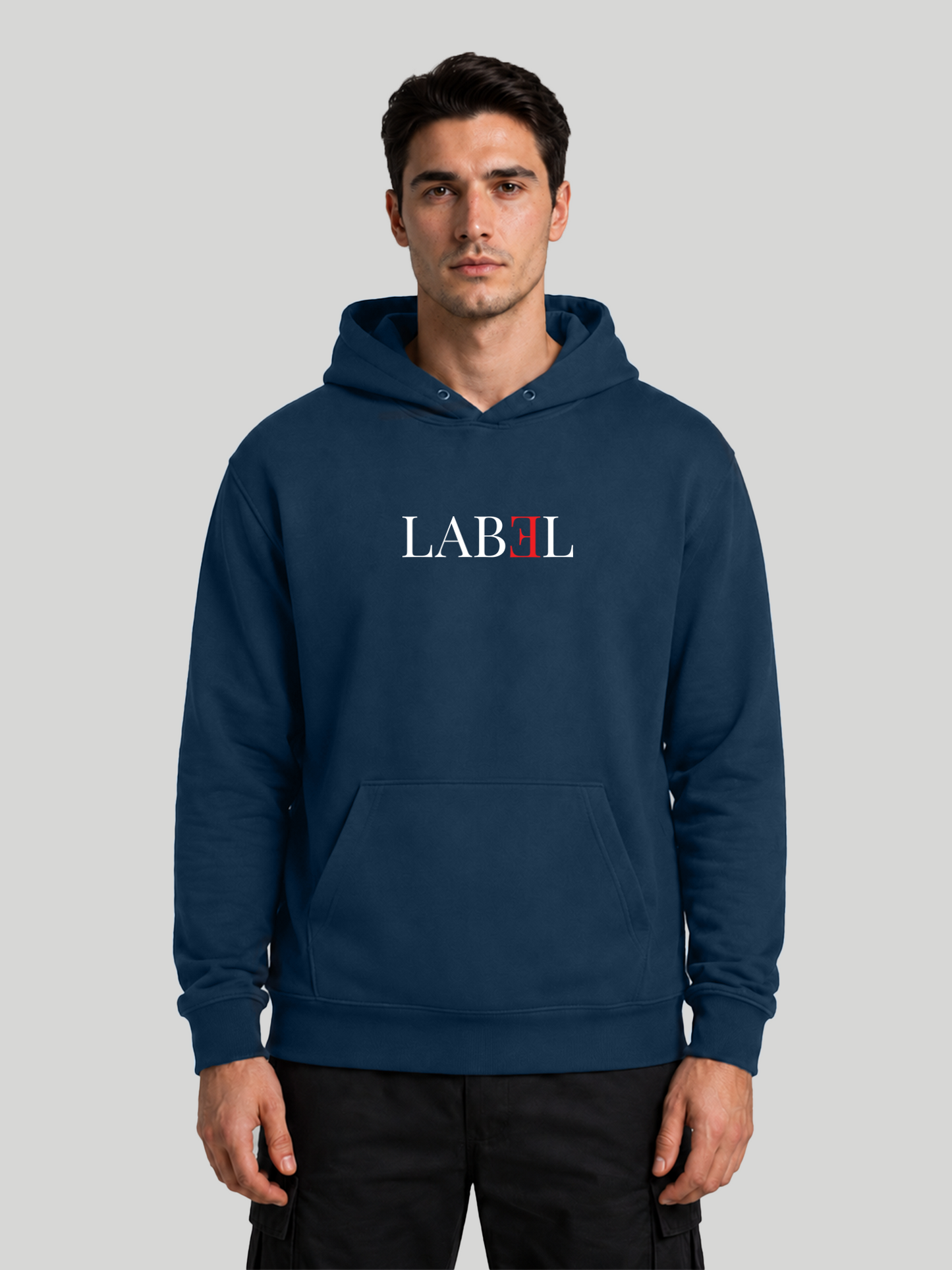 Men's LABEL navy blue graphic hoodie with premium cotton fabric and kangaroo pocket front view