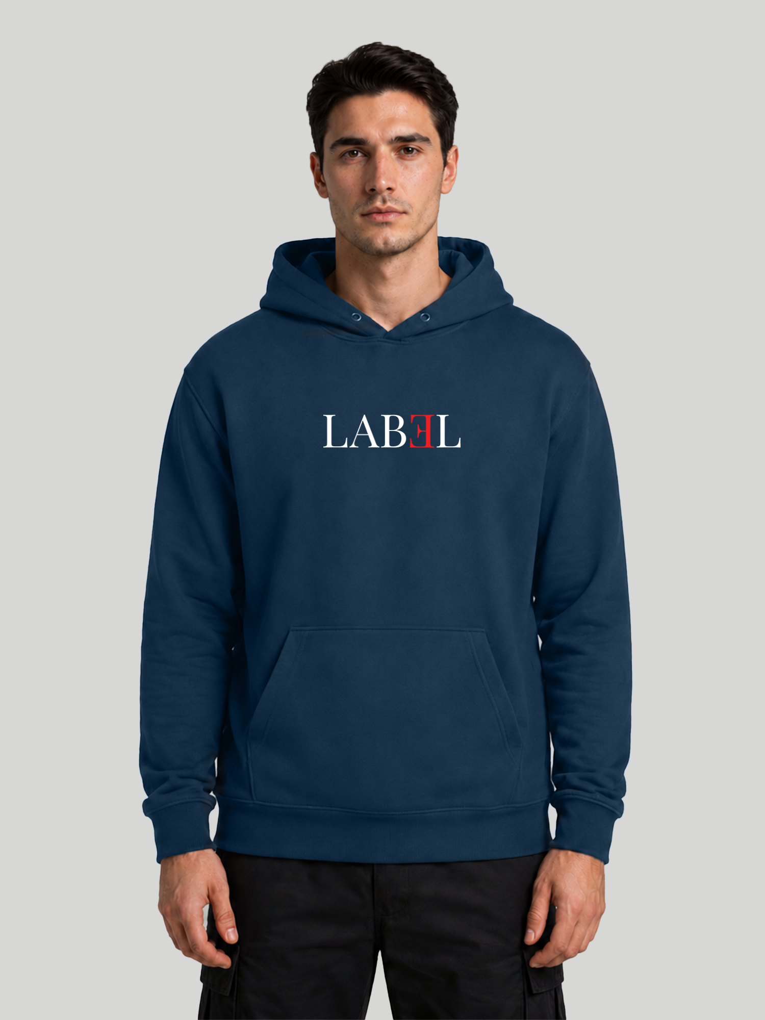 Men's LABEL navy blue graphic hoodie with premium cotton fabric and kangaroo pocket front view