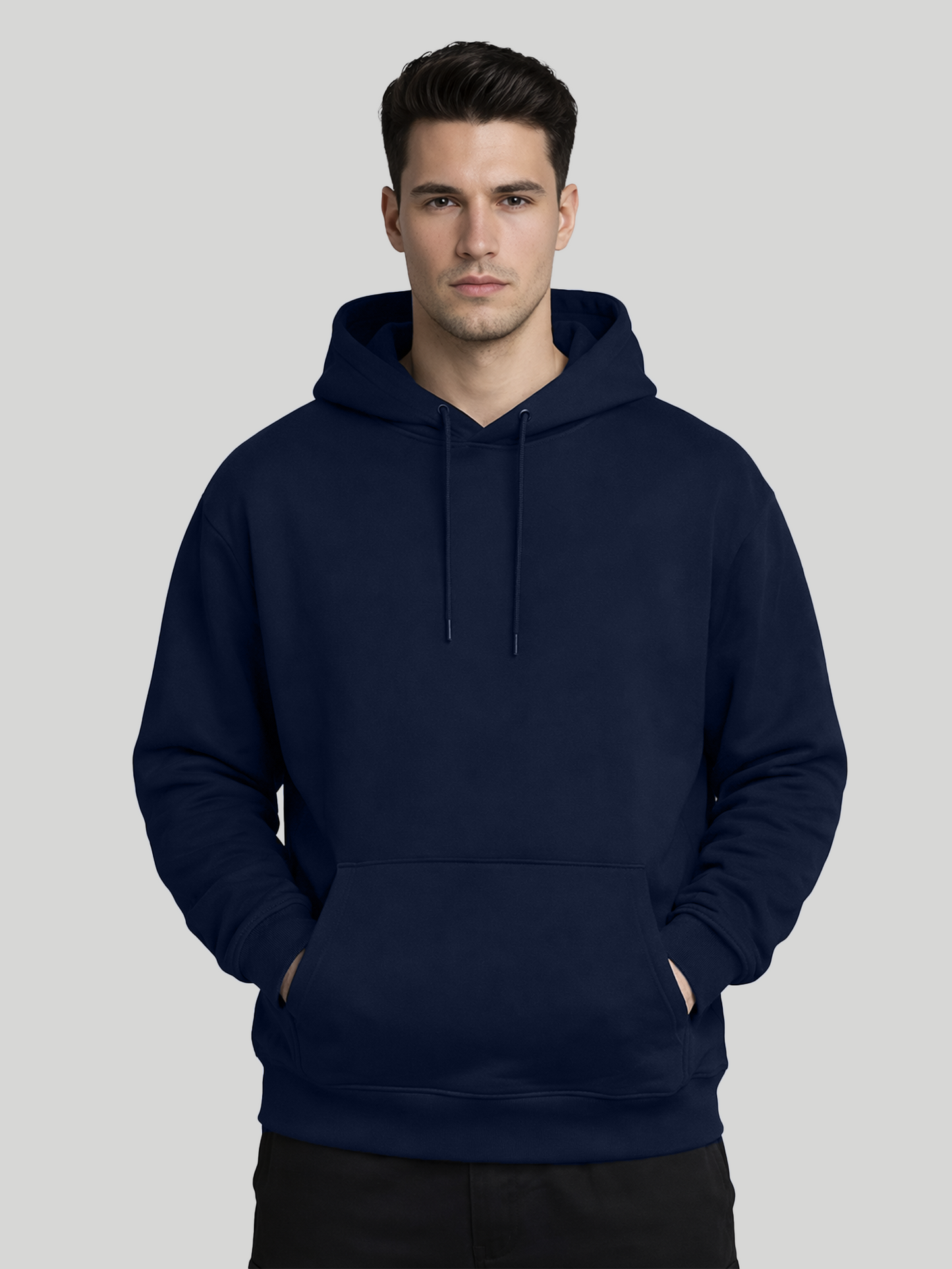 Red Rose navy blue hoodie for men front view plain pullover hoodie with kangaroo pocket