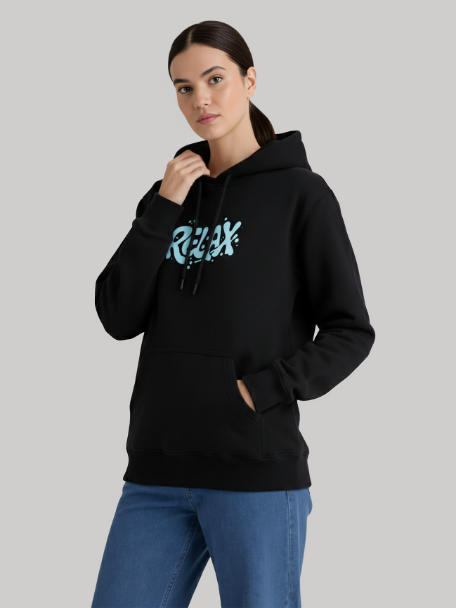 Black hoodie for women with RELAX graphic in side view