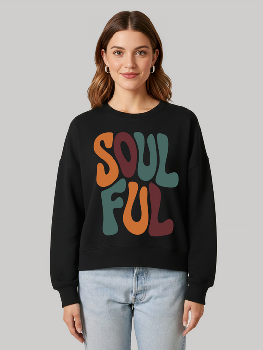 Ninthclause Soulful black graphic sweatshirt for women with colorful retro typography design