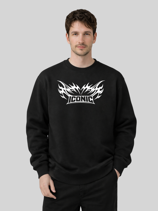 Men’s black ICONIC graphic sweatshirt with bold white front print, casual streetwear crewneck